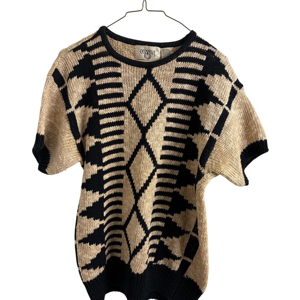 Vintage Cerville Ramie Cotton Knit Sweater Size L Black Tan Geometric 80's Retro